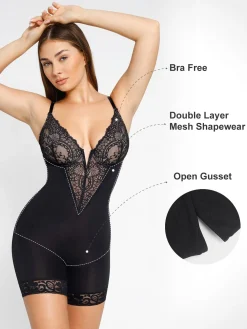 Shapewear Lace Deep V-Neck Sculpting Mid-Thigh Bodysuit