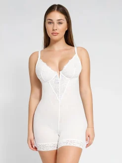 Shapewear Lace Deep V-Neck Sculpting Mid-Thigh Bodysuit