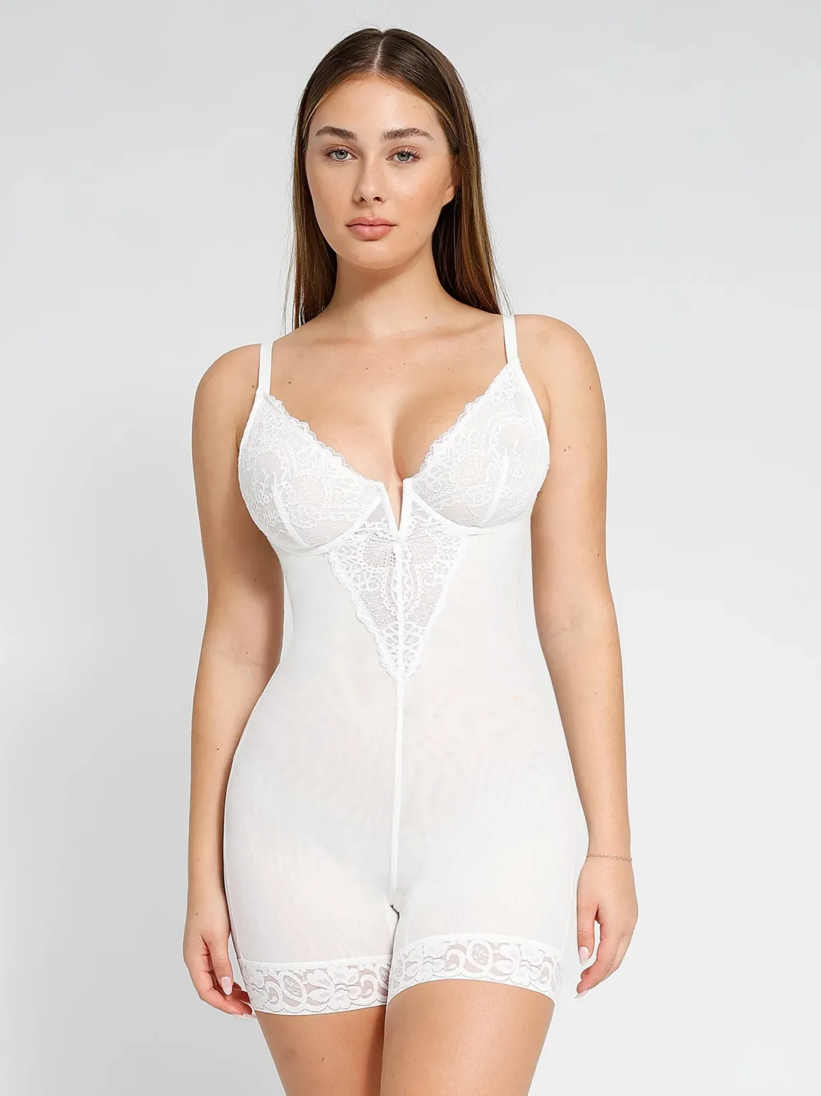Shapewear Lace Deep V-Neck Sculpting Mid-Thigh Bodysuit