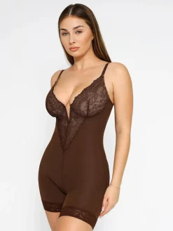 Shapewear Lace Deep V-Neck Sculpting Mid-Thigh Bodysuit