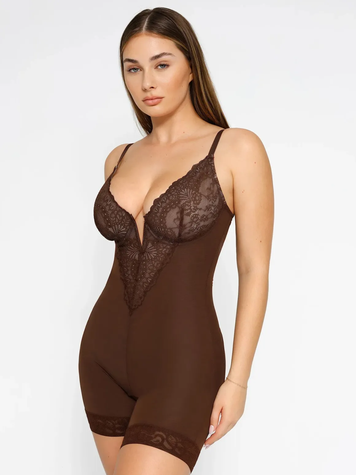 Shapewear Lace Deep V-Neck Sculpting Mid-Thigh Bodysuit