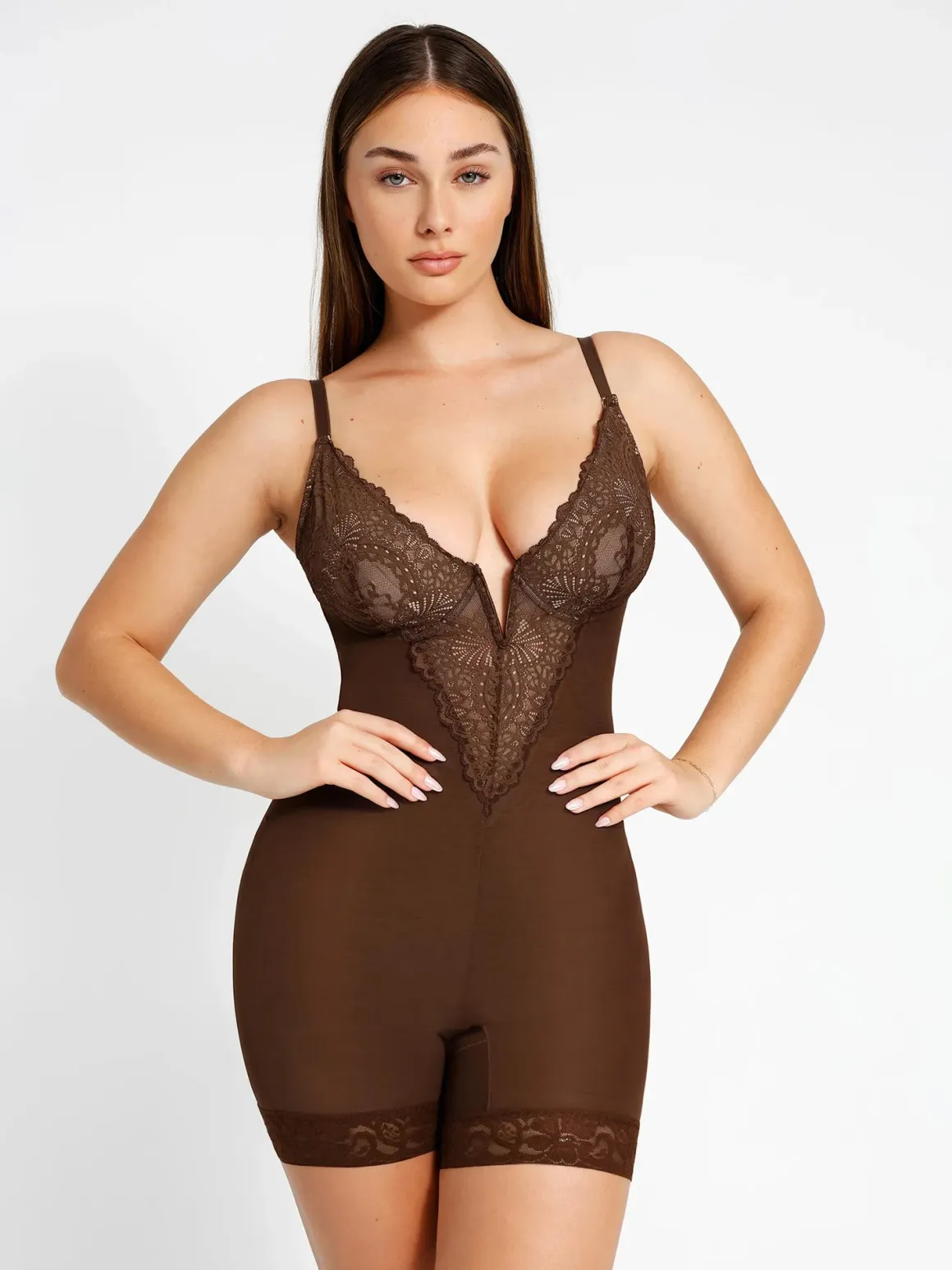 Shapewear Lace Deep V-Neck Sculpting Mid-Thigh Bodysuit