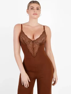 Shapewear Lace Deep V-Neck Sculpting Wide Leg Jumpsuit