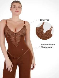 Shapewear Lace Deep V-Neck Sculpting Wide Leg Jumpsuit
