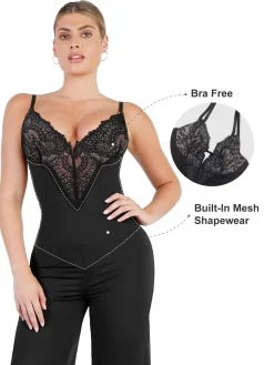 Shapewear Lace Deep V-Neck Sculpting Wide Leg Jumpsuit