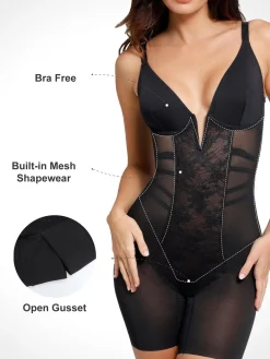 Shapewear Lace Deep V-Neck Tummy Control Mid-Thigh Bodysuit