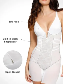 Shapewear Lace Deep V-Neck Tummy Control Mid-Thigh Bodysuit