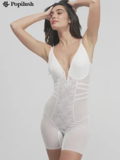 Shapewear Lace Deep V-Neck Tummy Control Mid-Thigh Bodysuit