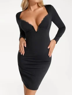 Shapewear Lace Trim V-Neck Long Sleeve Bodycon Mini Dress