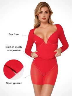 Shapewear Lace Trim V-Neck Long Sleeve Bodycon Mini Dress