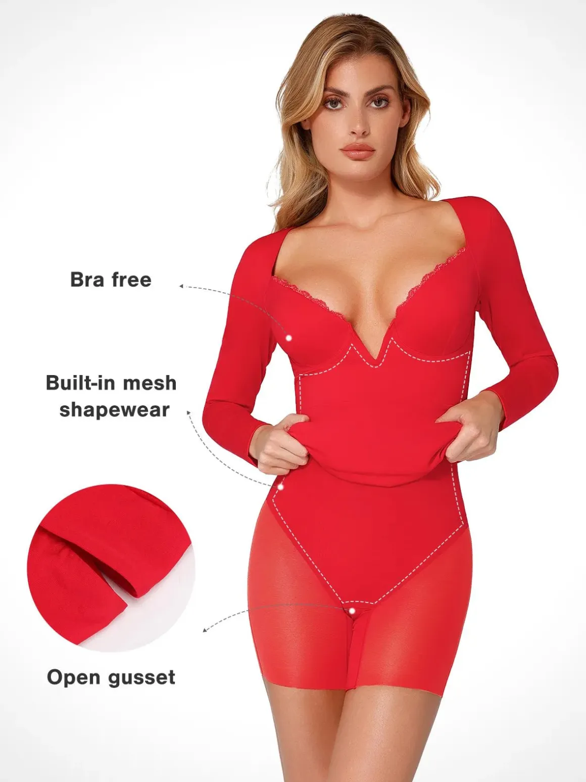 Shapewear Lace Trim V-Neck Long Sleeve Bodycon Mini Dress
