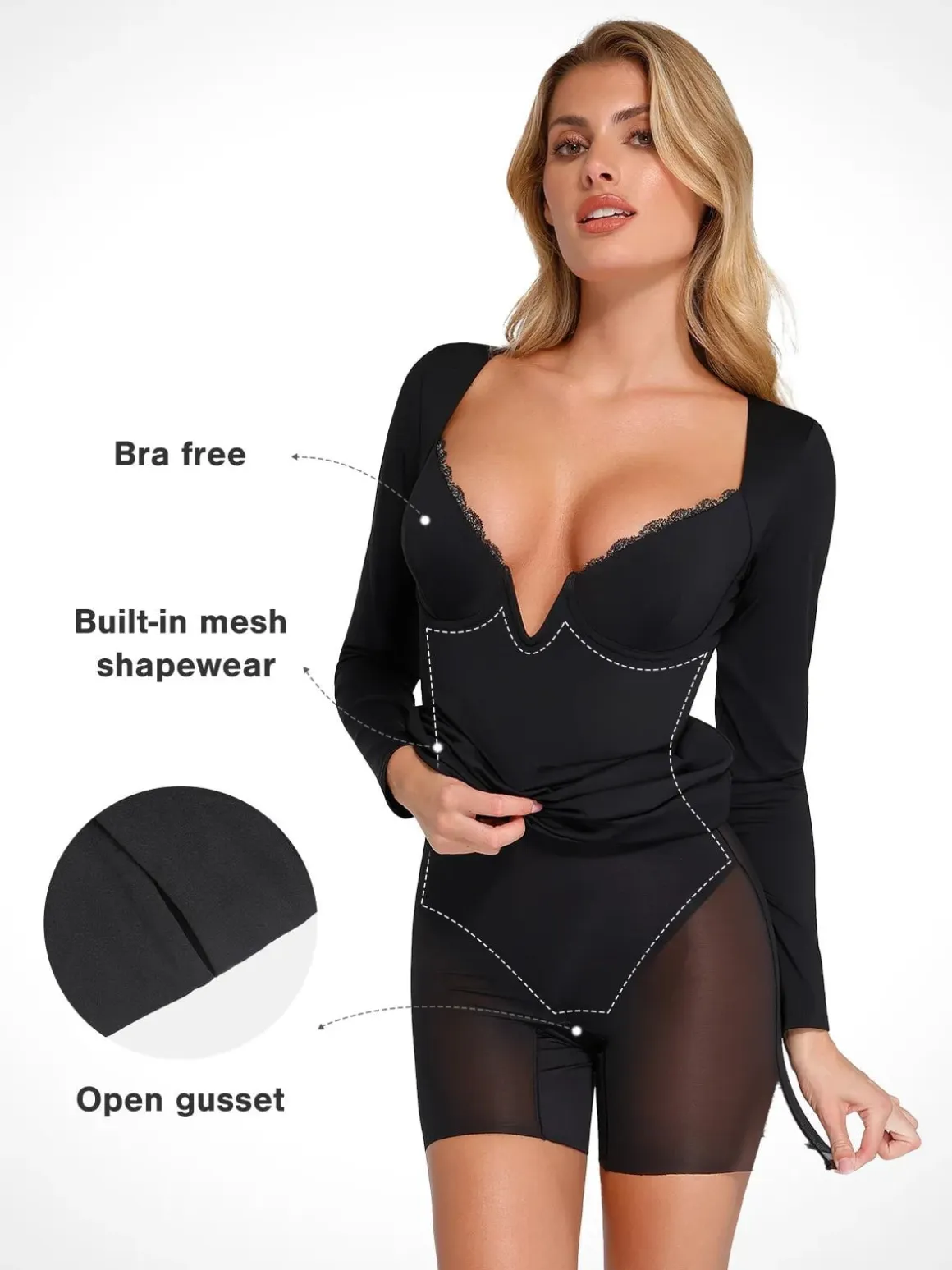 Shapewear Lace Trim V-Neck Long Sleeve Bodycon Mini Dress