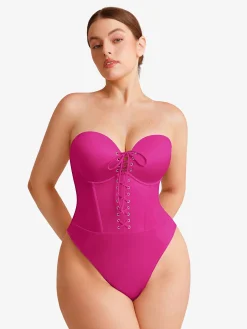 Shapewear Lace-Up Corset Bodysuit with Removable Straps