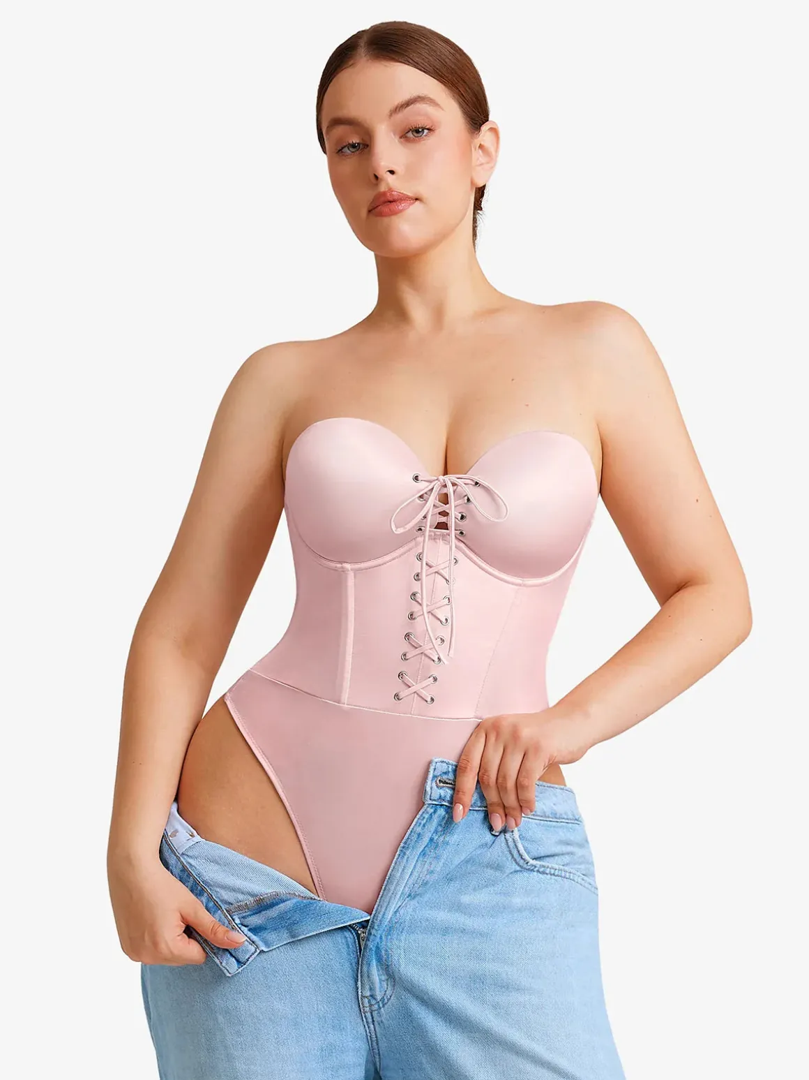 Shapewear Lace-Up Corset Bodysuit with Removable Straps