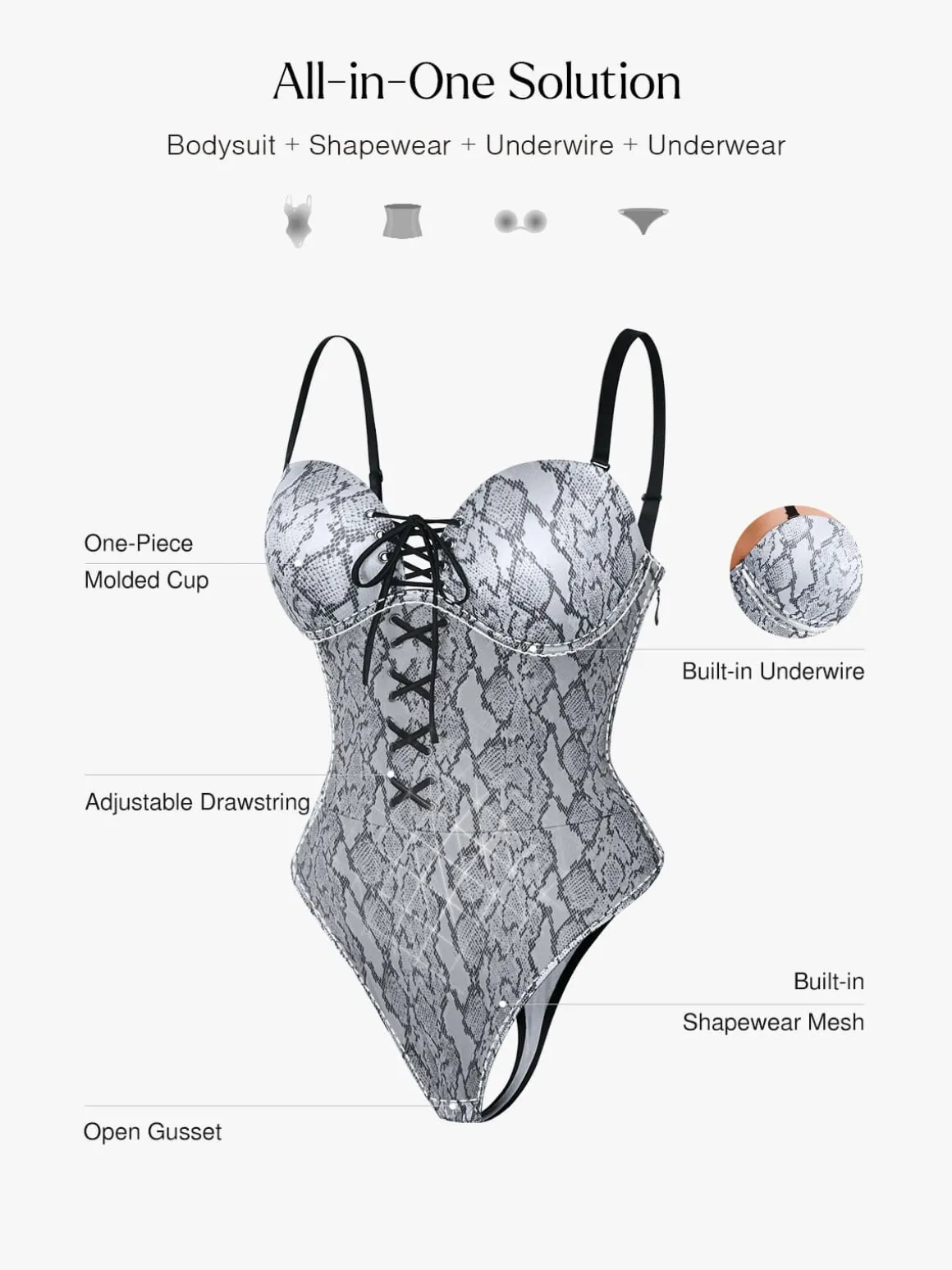 Shapewear Lace-Up Corset Bodysuit with Removable Straps