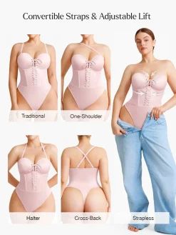 Shapewear Lace-Up Corset Bodysuit with Removable Straps