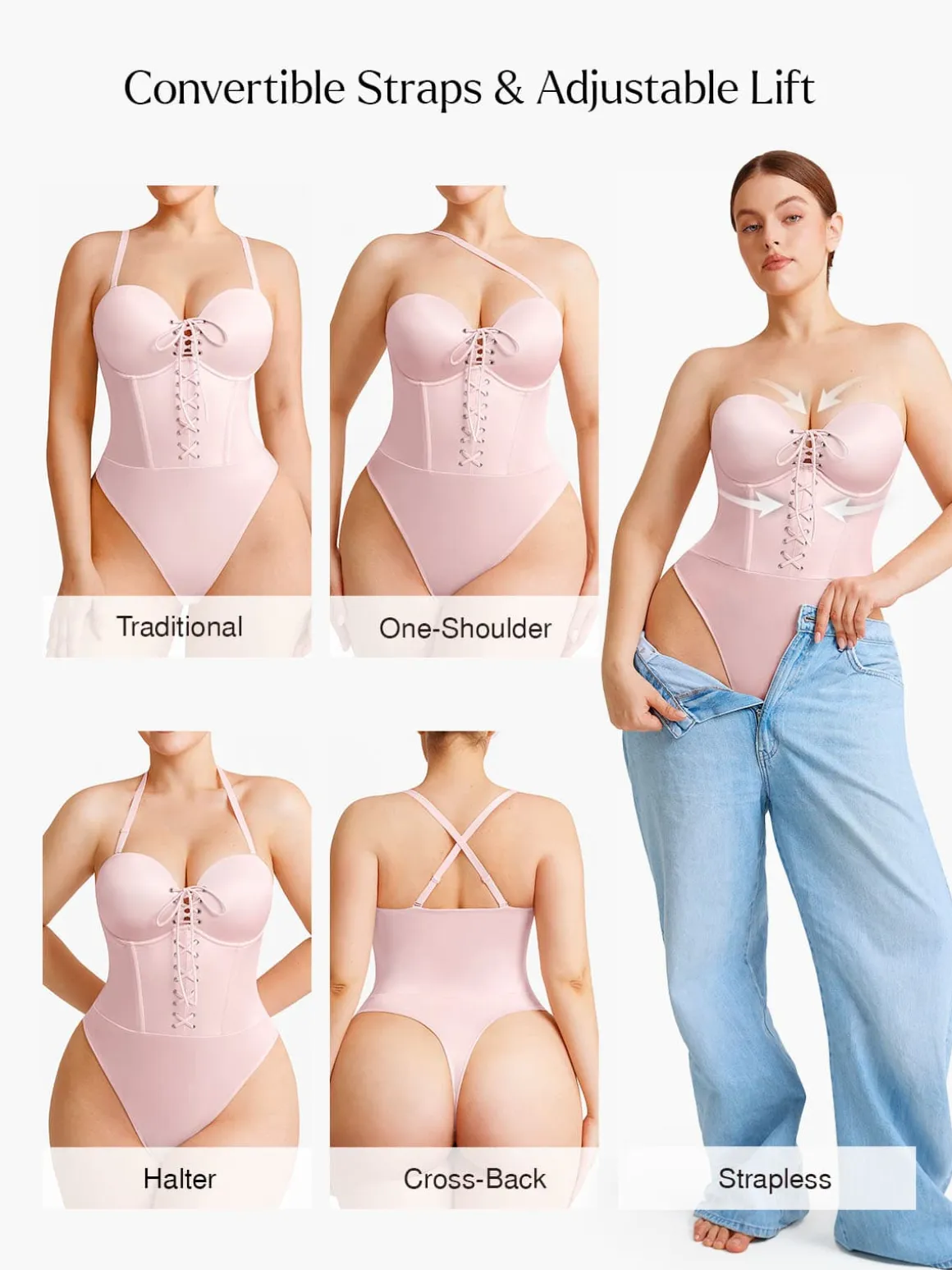 Shapewear Lace-Up Corset Bodysuit with Removable Straps