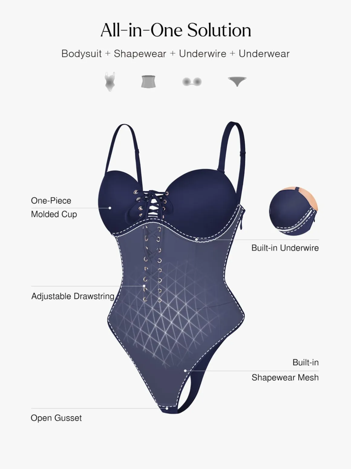 Shapewear Lace-Up Corset Bodysuit with Removable Straps