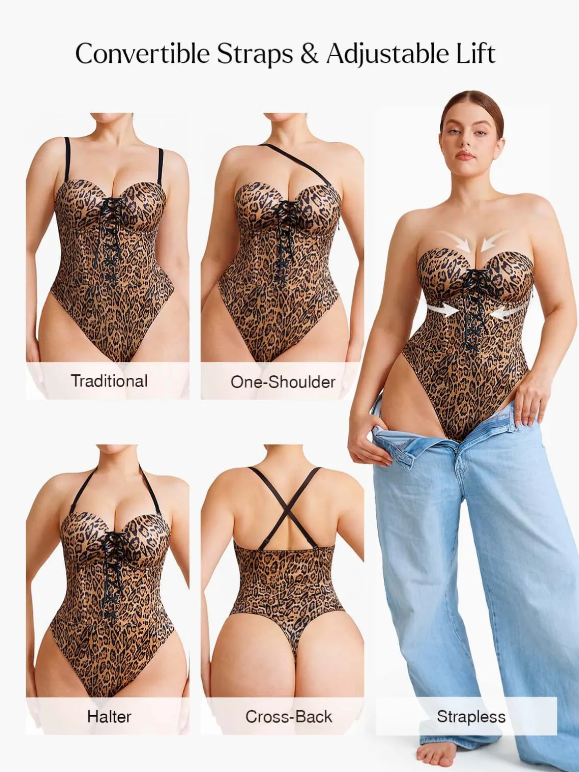 Shapewear Lace-Up Corset Bodysuit with Removable Straps
