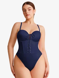 Shapewear Lace-Up Corset Bodysuit with Removable Straps