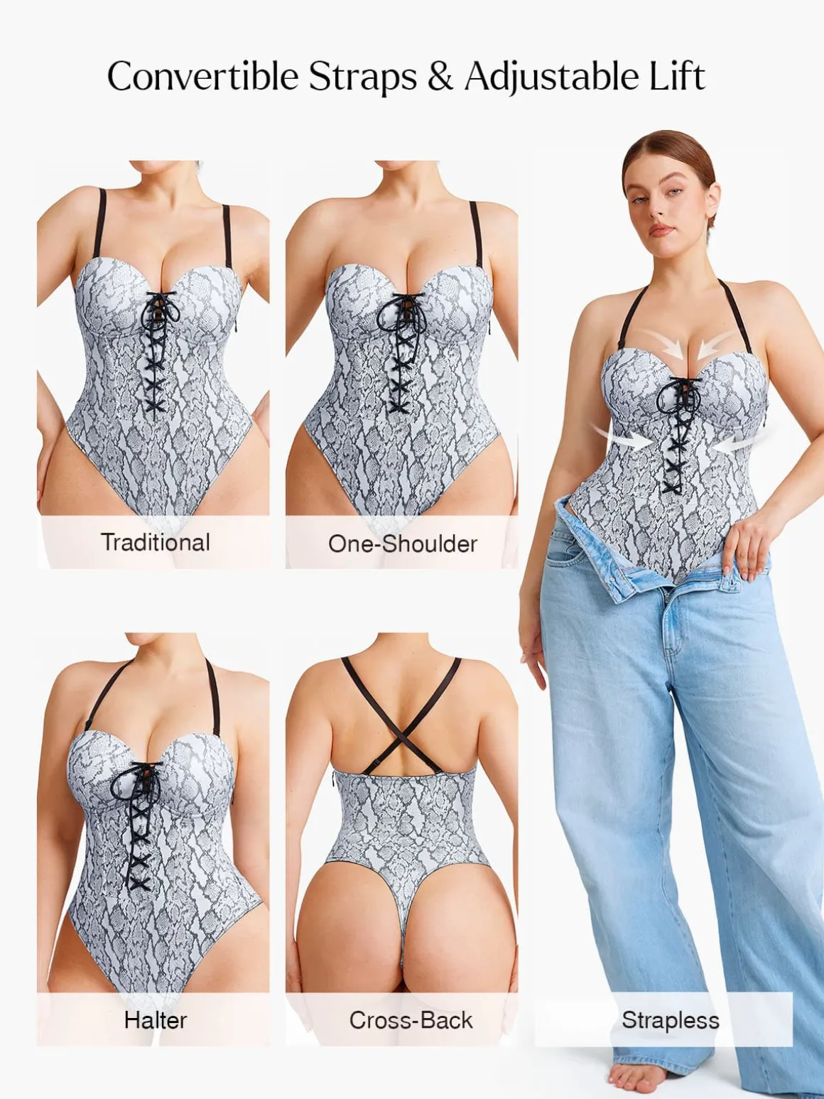 Shapewear Lace-Up Corset Bodysuit with Removable Straps