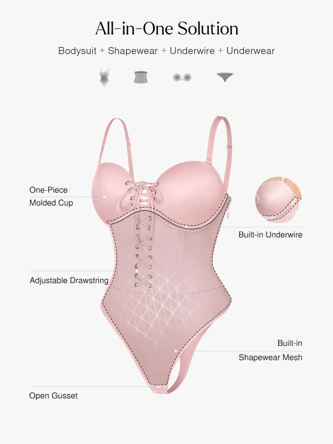 Shapewear Lace-Up Corset Bodysuit with Removable Straps