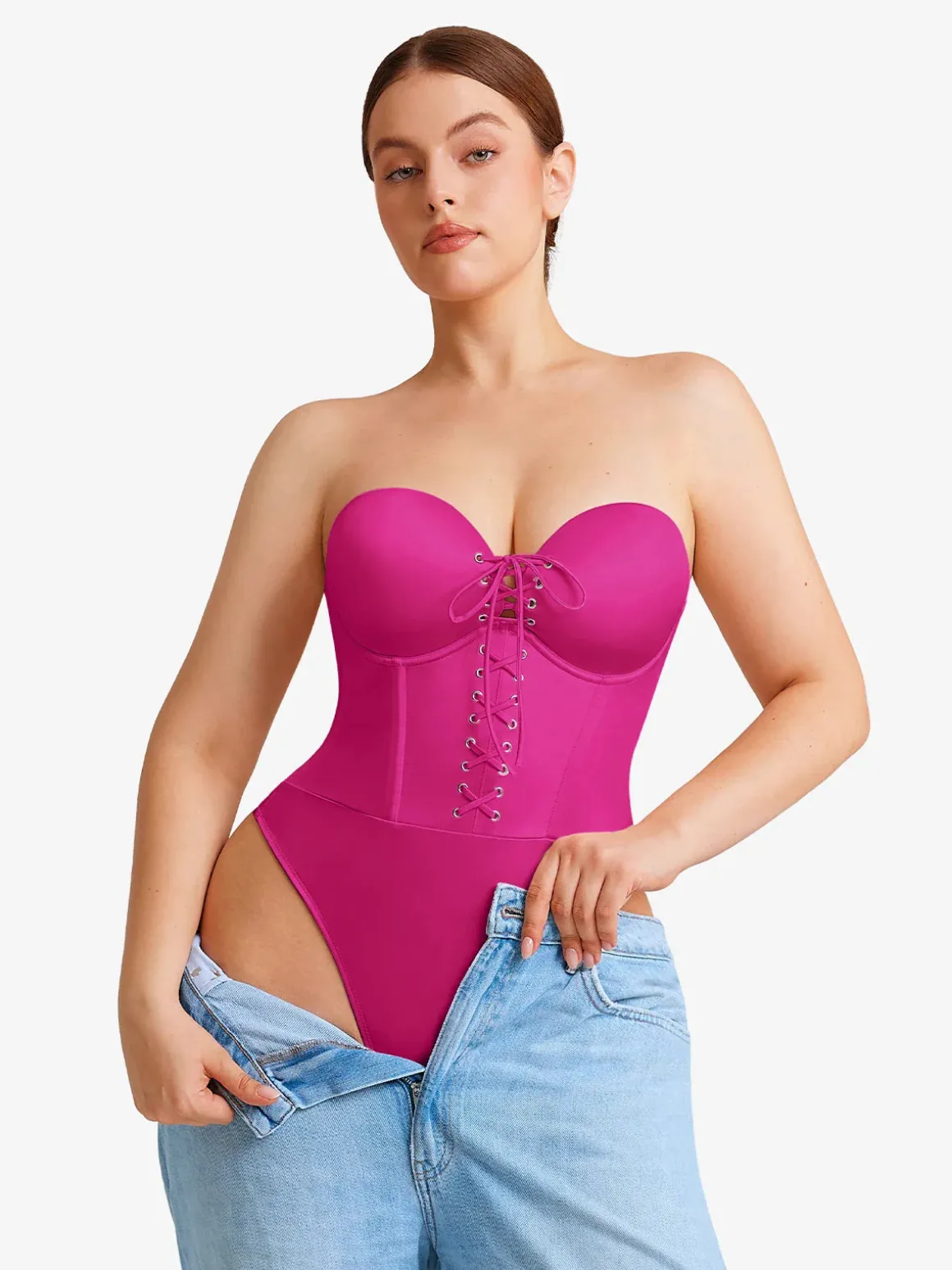 Shapewear Lace-Up Corset Bodysuit with Removable Straps