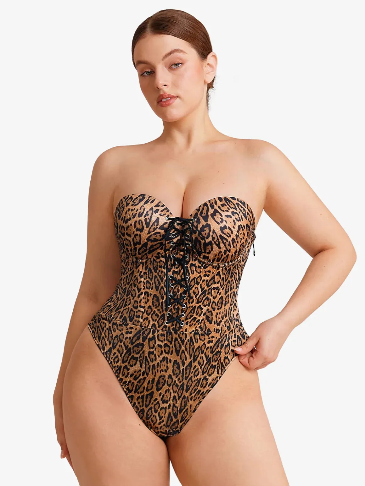 Shapewear Lace-Up Corset Bodysuit with Removable Straps