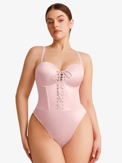 Shapewear Lace-Up Corset Bodysuit with Removable Straps