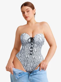 Shapewear Lace-Up Corset Bodysuit with Removable Straps