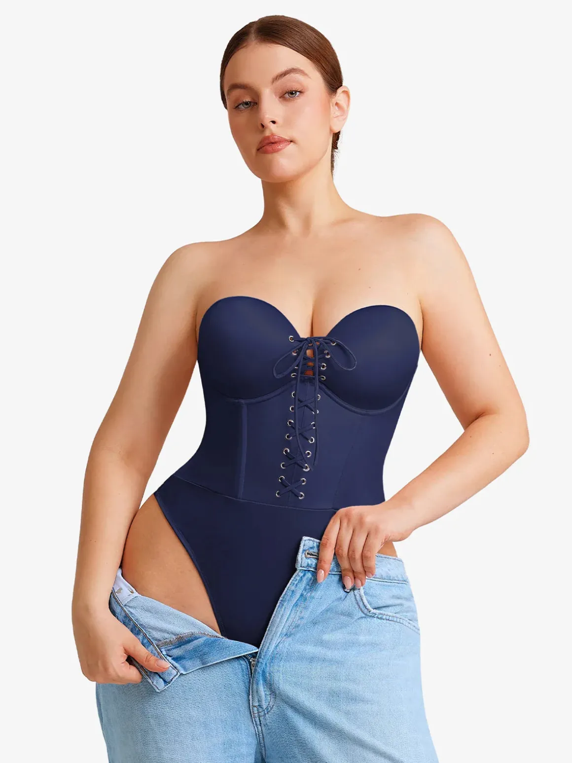 Shapewear Lace-Up Corset Bodysuit with Removable Straps