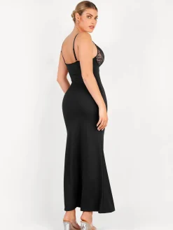 Shapewear Lace V Neck Side Slit Slimming Maxi Slip Dress