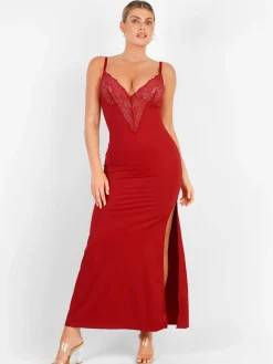 Shapewear Lace V Neck Side Slit Slimming Maxi Slip Dress
