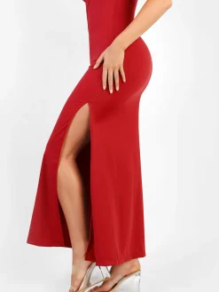 Shapewear Lace V Neck Side Slit Slimming Maxi Slip Dress