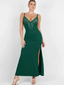 Shapewear Lace V Neck Side Slit Slimming Maxi Slip Dress