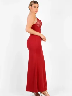 Shapewear Lace V Neck Side Slit Slimming Maxi Slip Dress
