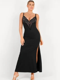 Shapewear Lace V Neck Side Slit Slimming Maxi Slip Dress