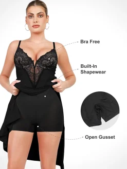Shapewear Lace V Neck Side Slit Slimming Maxi Slip Dress