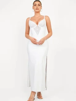 Shapewear Lace V Neck Side Slit Slimming Maxi Slip Dress