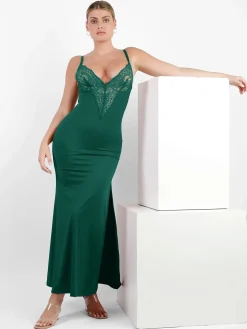 Shapewear Lace V Neck Side Slit Slimming Maxi Slip Dress
