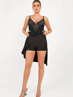 Shapewear Lace V Neck Side Slit Slimming Maxi Slip Dress