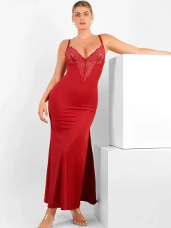 Shapewear Lace V Neck Side Slit Slimming Maxi Slip Dress