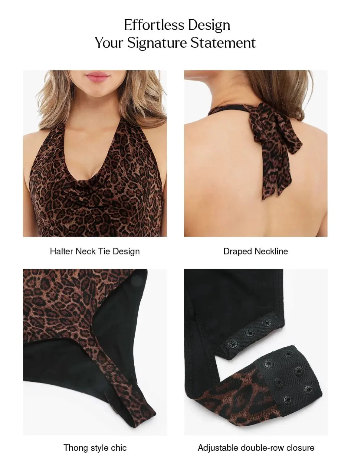 Shapewear Leopard Cowl Neck Halter Tummy Control Bodysuit