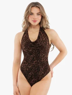 Shapewear Leopard Cowl Neck Halter Tummy Control Bodysuit