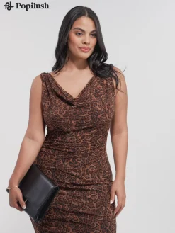 Shapewear Leopard Cowl Neck Ruched Sculpting Maxi Dress
