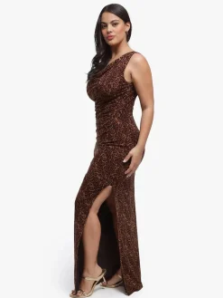 Shapewear Leopard Cowl Neck Ruched Sculpting Maxi Dress
