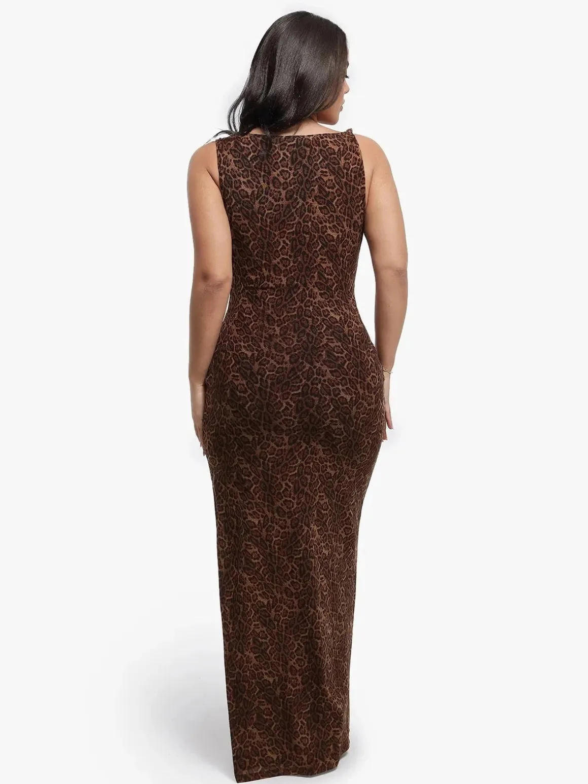 Shapewear Leopard Cowl Neck Ruched Sculpting Maxi Dress