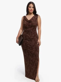 Shapewear Leopard Cowl Neck Ruched Sculpting Maxi Dress