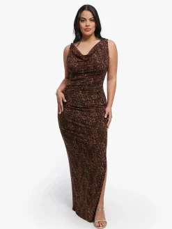 Shapewear Leopard Cowl Neck Ruched Sculpting Maxi Dress