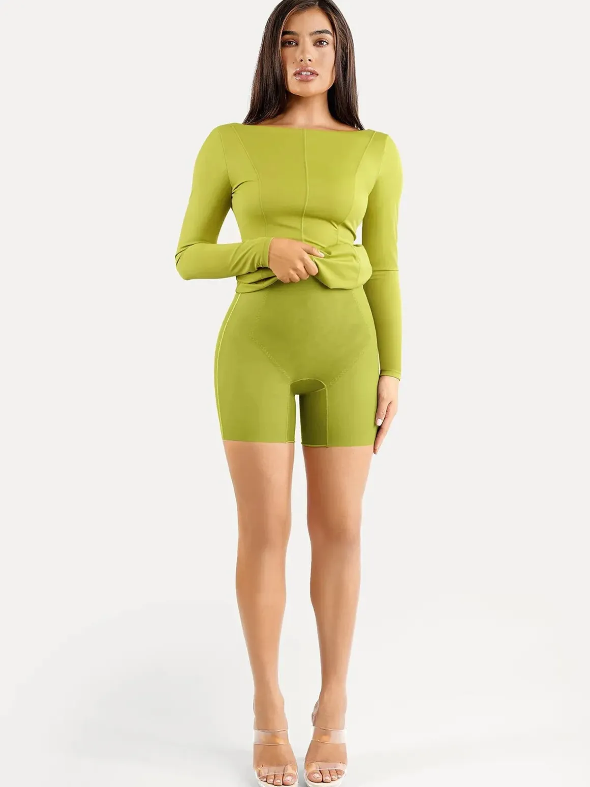Shapewear Long Sleeve Boat Neck Sculpting Midi Dress
